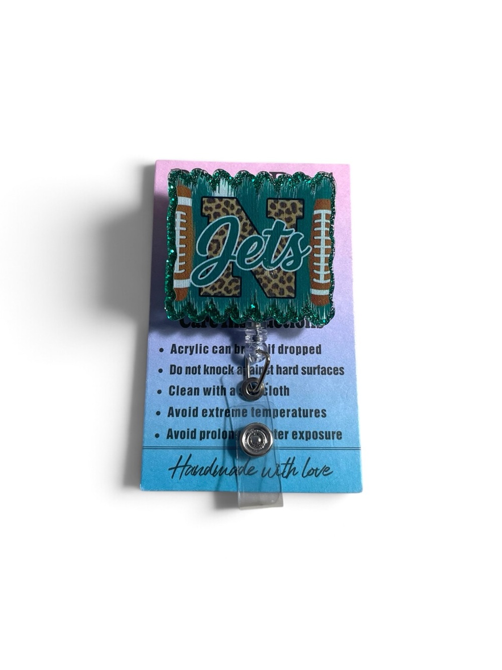 Jets Glitter Acrylic Badge Reel - Teal and Leopard Print